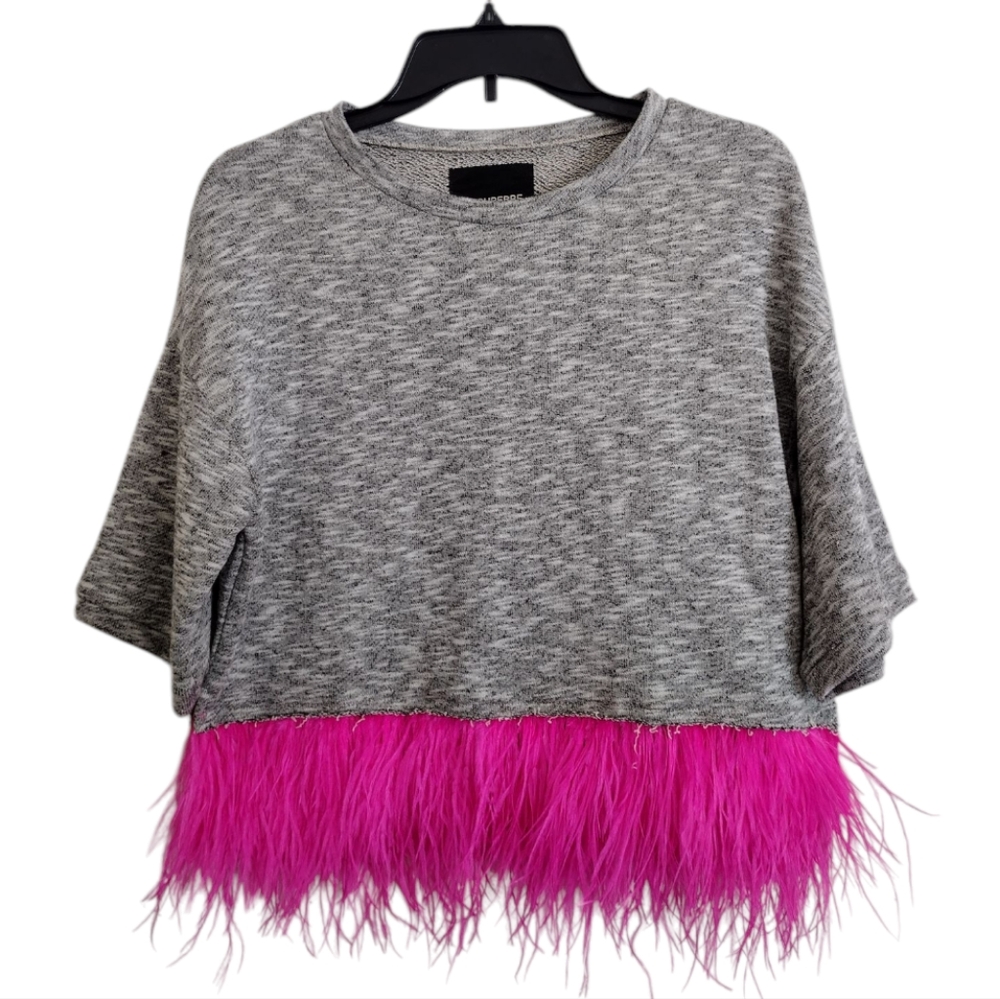 NWT Le Superbe House Party Top In Dark Heather Grey Hot Pink Feathers Size XS